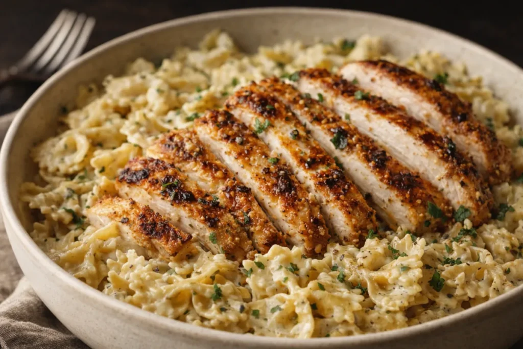 A White Bowl Filled With Creamy Chicken Garlic Parmesan Pasta Topped With