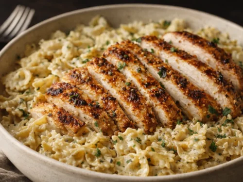 A White Bowl Filled With Creamy Chicken Garlic Parmesan Pasta Topped With