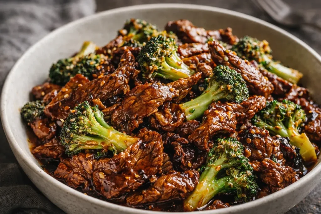 A Plate Of Chinese Beef Broccoli Served Over White Rice With A