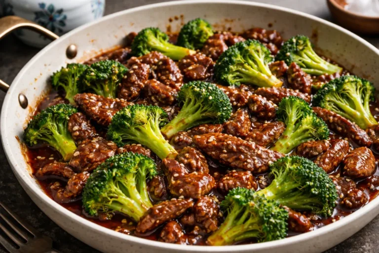 A Plate Of Chinese Beef Broccoli Served Over White Rice With A