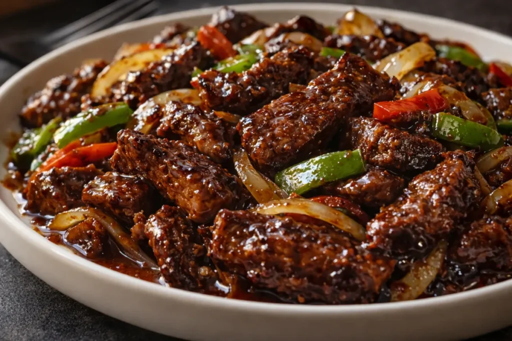 A Sizzling Pan Of Chinese Pepper Steak With Tender Beef Strips And