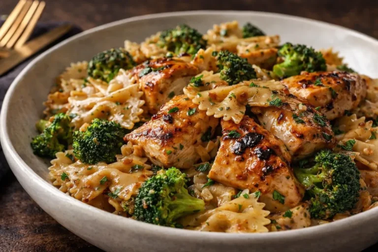 A White Bowl Filled With Cowboy Butter Chicken Bowtie Pasta Featuring Green