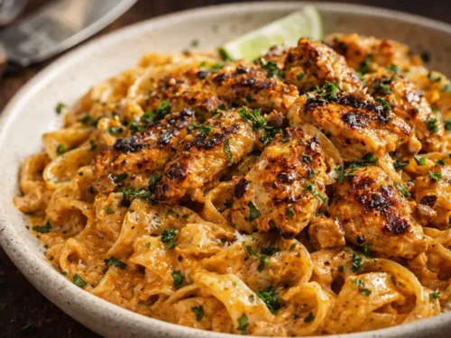 A White Bowl Filled With Creamy Cowboy Butter Chicken Pasta Garnished With
