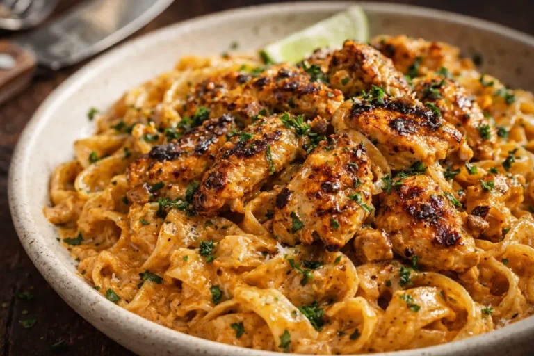 A White Bowl Filled With Creamy Cowboy Butter Chicken Pasta Garnished With