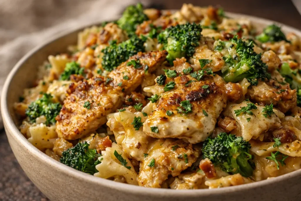 A Bowl Of Cowboy Lemon Chicken Pasta With Bowtie Noodles, Broccoli, And