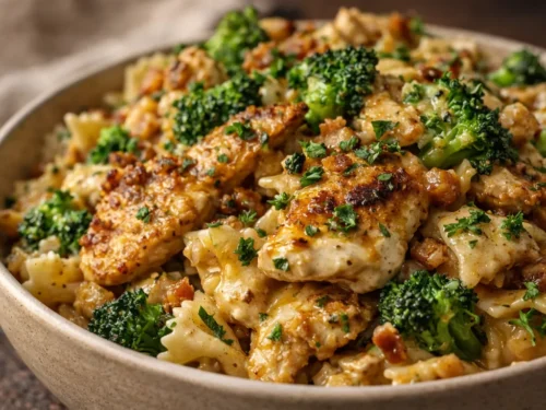 A Bowl Of Cowboy Lemon Chicken Pasta With Bowtie Noodles, Broccoli, And