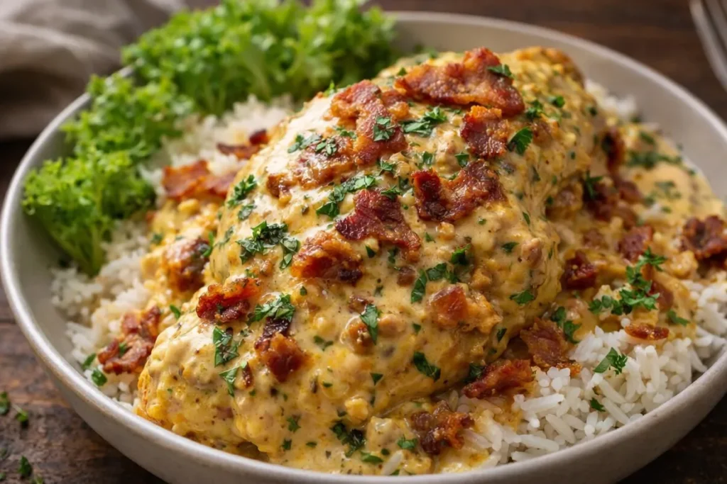 A White Bowl Filled With Creamy Crack Chicken Served Over Pasta And