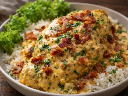 A White Bowl Filled With Creamy Crack Chicken Served Over Pasta And