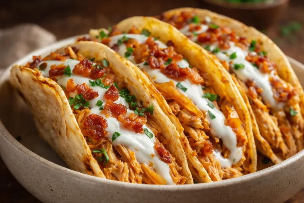 A Plate Of Creamy Crack Chicken Tacos Topped With Fresh Green Onions
