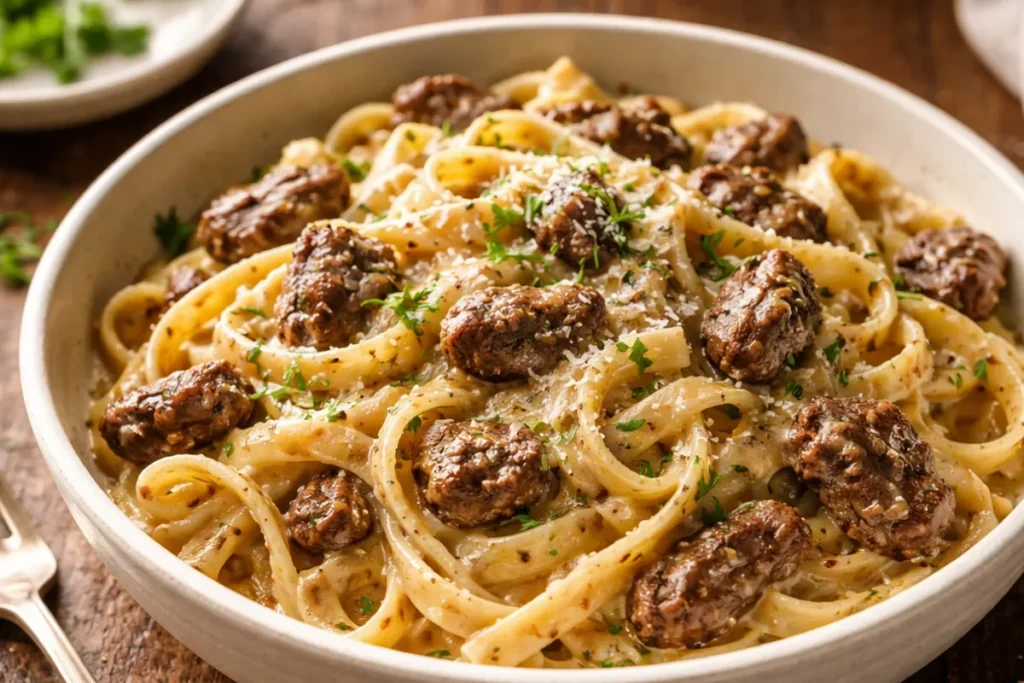 A Top Down View Of Creamy Beef Butter Pasta In A Black
