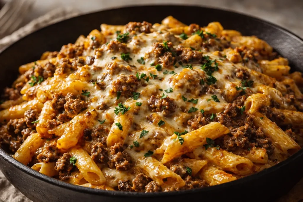 A White Bowl Filled With Creamy Beef Pasta Garnished With Fresh Parsley