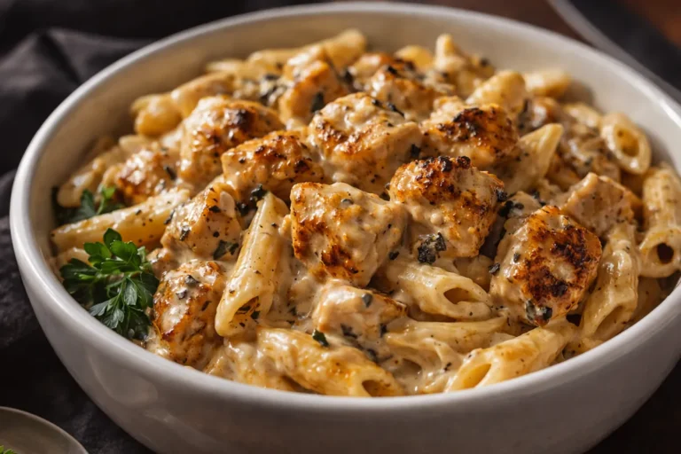 A White Bowl Filled With Creamy Cajun Chicken Pasta Topped With Fresh