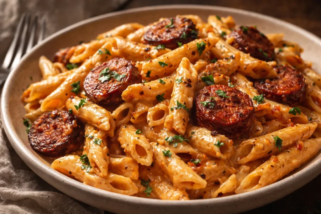 A Large Pot Filled With Creamy Cajun Sausage Pasta Featuring Sliced Smoked