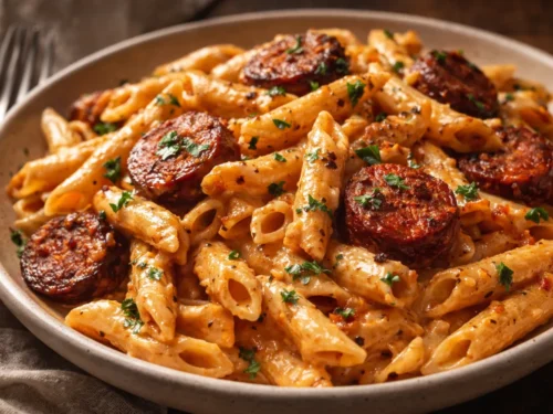 A Large Pot Filled With Creamy Cajun Sausage Pasta Featuring Sliced Smoked