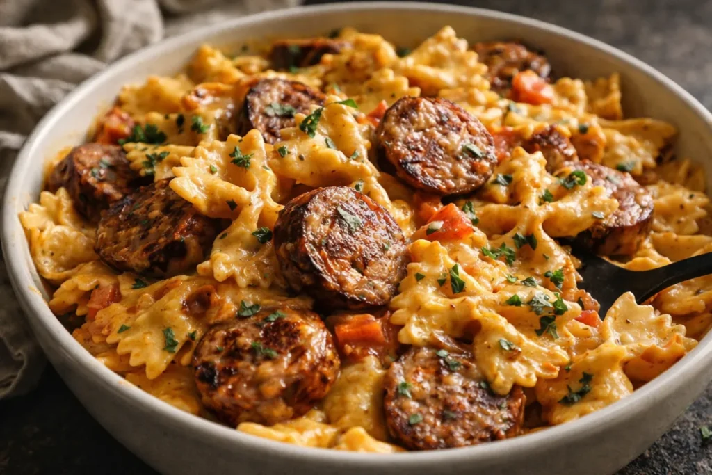A Skillet Filled With Creamy Cajun Sausage Pasta Featuring Bowtie Noodles, Sliced