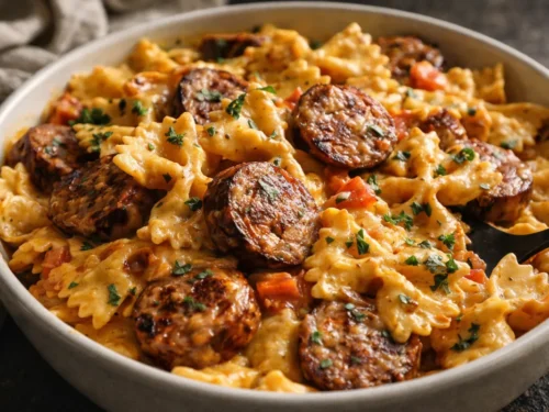 A Skillet Filled With Creamy Cajun Sausage Pasta Featuring Bowtie Noodles, Sliced