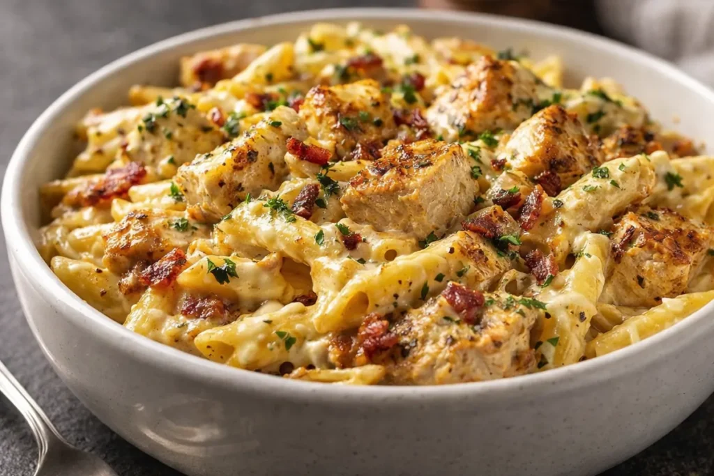 A Top Down View Of Creamy Crack Chicken Pasta In A Pot