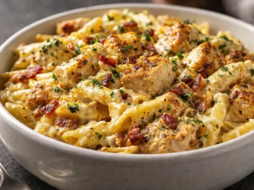 A Top Down View Of Creamy Crack Chicken Pasta In A Pot