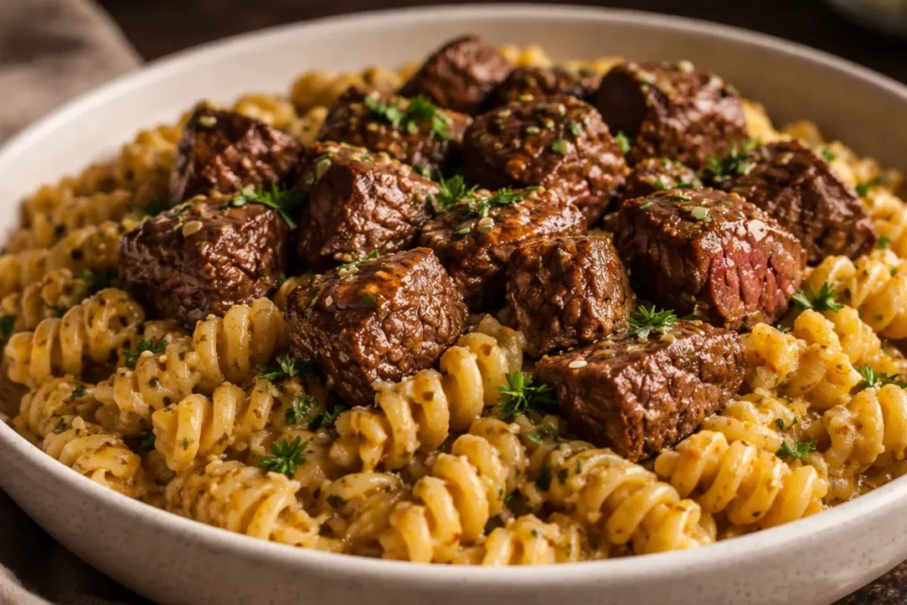 A Top Down View Of Creamy Garlic Butter Steak Pasta In A