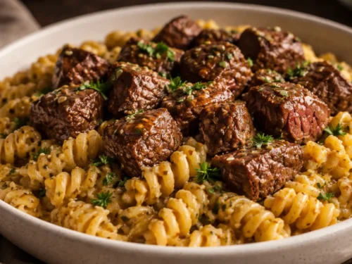 A Top Down View Of Creamy Garlic Butter Steak Pasta In A