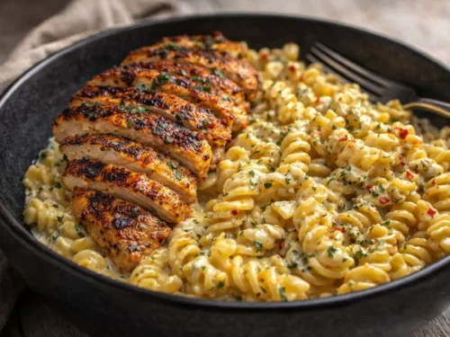 A White Bowl Filled With Creamy Garlic Chicken Pasta Topped With Fresh