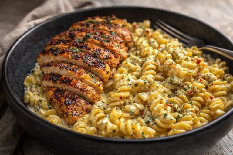 A White Bowl Filled With Creamy Garlic Chicken Pasta Topped With Fresh