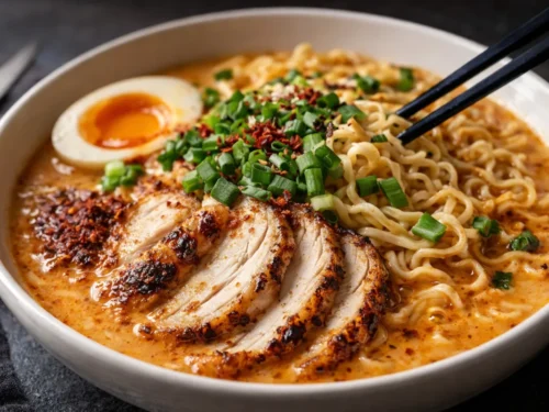 A Steaming Bowl Of Creamy Garlic Chicken Ramen Topped With Sliced Chicken