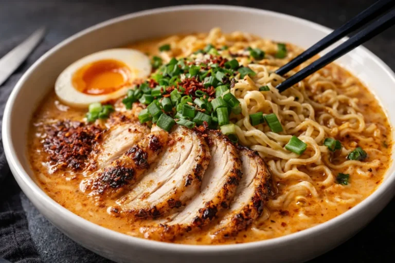 A Steaming Bowl Of Creamy Garlic Chicken Ramen Topped With Sliced Chicken