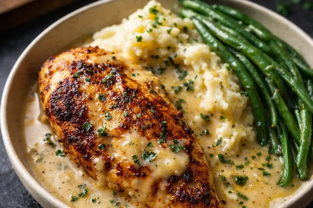 A Skillet Filled With Golden Creamy Garlic Parmesan Chicken Breasts Smothered In