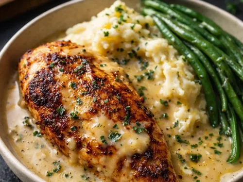 A Skillet Filled With Golden Creamy Garlic Parmesan Chicken Breasts Smothered In