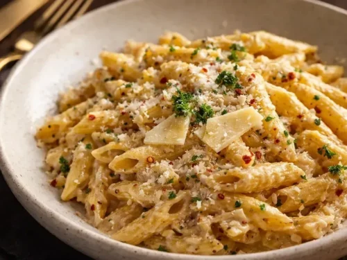 A Top Down View Of Creamy Garlic Pasta In A Black Skillet