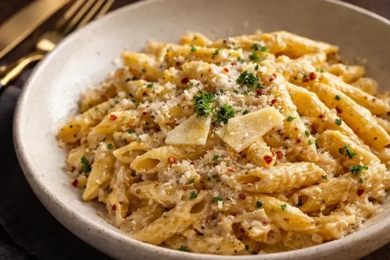 A Top Down View Of Creamy Garlic Pasta In A Black Skillet