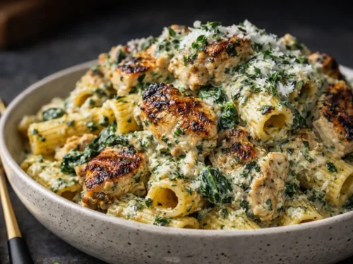 A Close Up Shot Of Creamy Pesto Chicken Pasta In A Baking