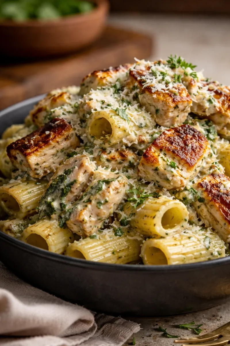 Creamy Pesto Chicken Pasta with a Golden Mozzarella Crust