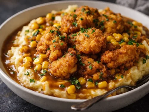 A Close Up Shot Of Crispy Chicken Potato Bowls With Golden Chicken