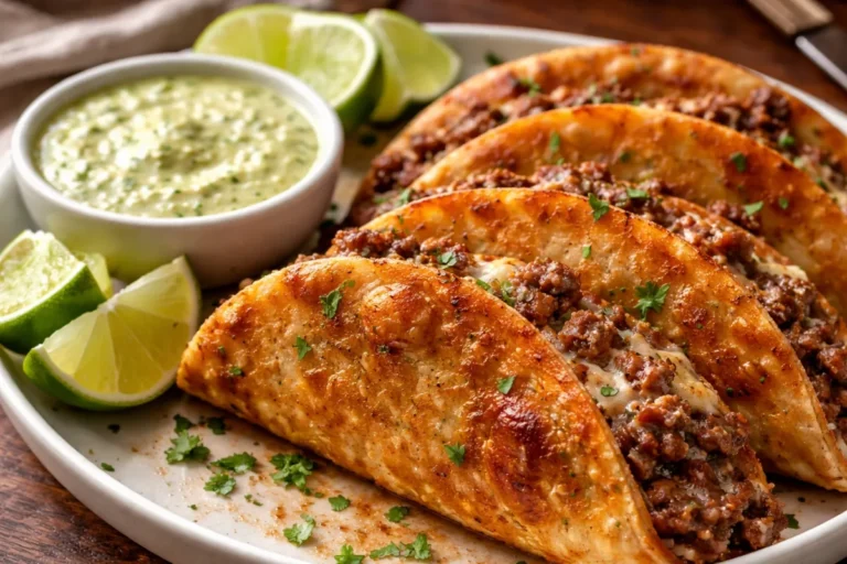 A Plate Of Golden Brown Crispy Ground Beef Tacos Garnished With Fresh
