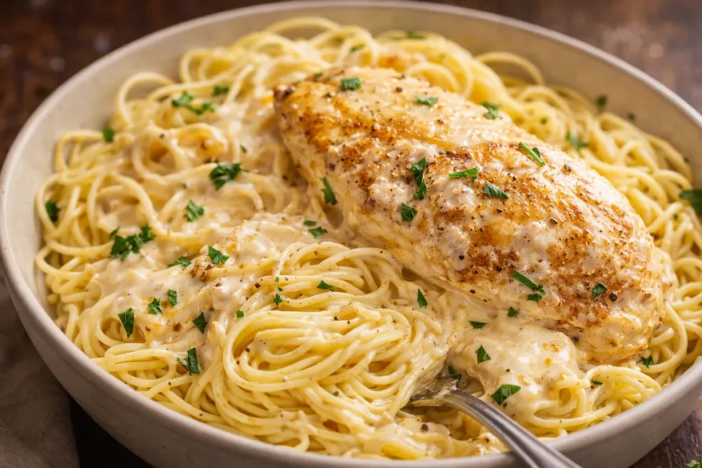 A White Plate Topped With Crockpot Angel Chicken And Creamy Sauce Over