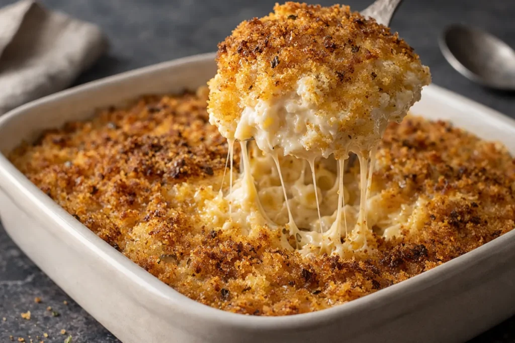 A Golden Brown Five Ingredient Casserole Topped With Buttery Crackers Served In