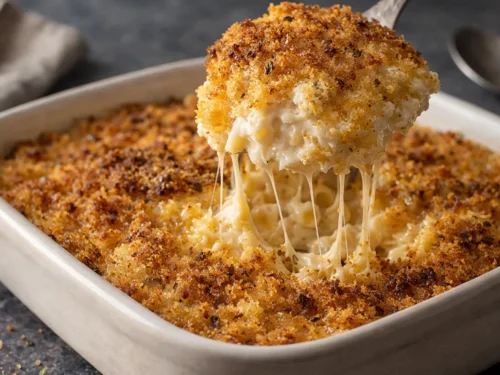 A Golden Brown Five Ingredient Casserole Topped With Buttery Crackers Served In