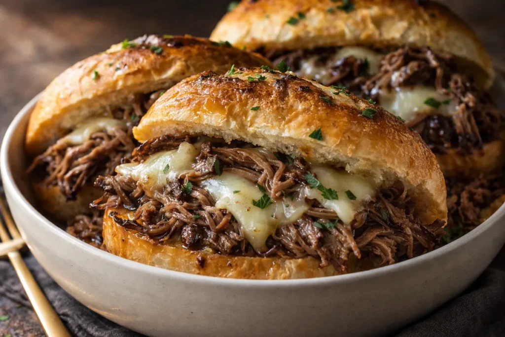 A Close Up Shot Of Toasted French Dip Sandwiches With Melty Cheese