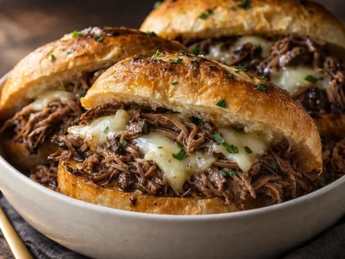 A Close Up Shot Of Toasted French Dip Sandwiches With Melty Cheese