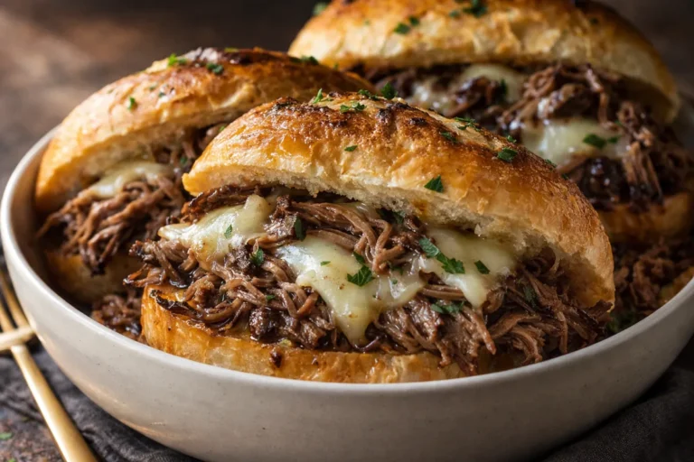 A Close Up Shot Of Toasted French Dip Sandwiches With Melty Cheese