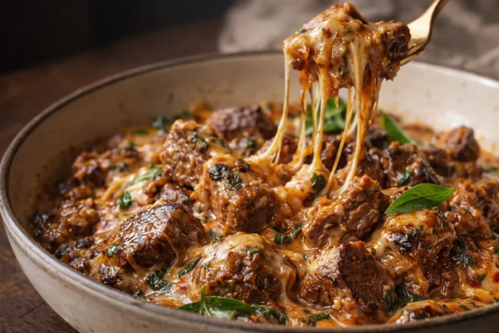 A Steaming Plate Of French Onion Beef Skillet Pasta With Creamy Garlic