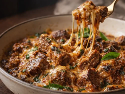 A Steaming Plate Of French Onion Beef Skillet Pasta With Creamy Garlic