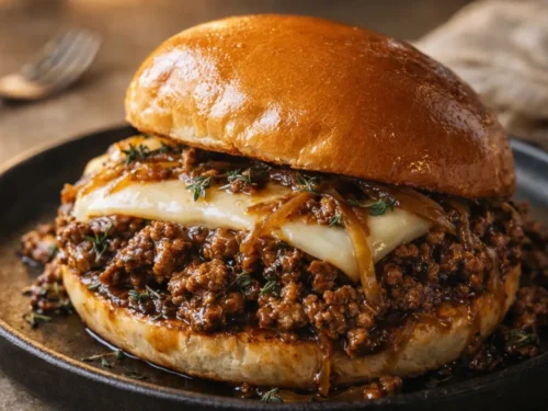 A Close Up Shot Of French Onion Beef Sloppy Joes With Melted