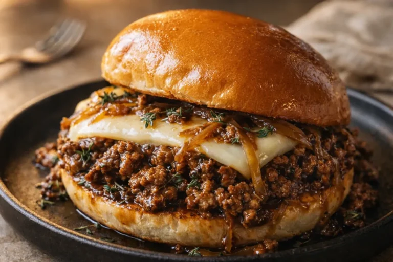 A Close Up Shot Of French Onion Beef Sloppy Joes With Melted