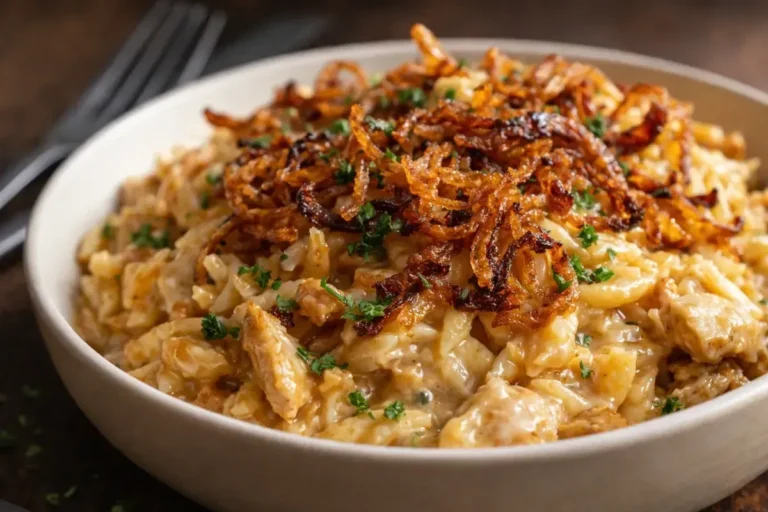 A Skillet Of Creamy French Onion Chicken Orzo Topped With Melted Golden