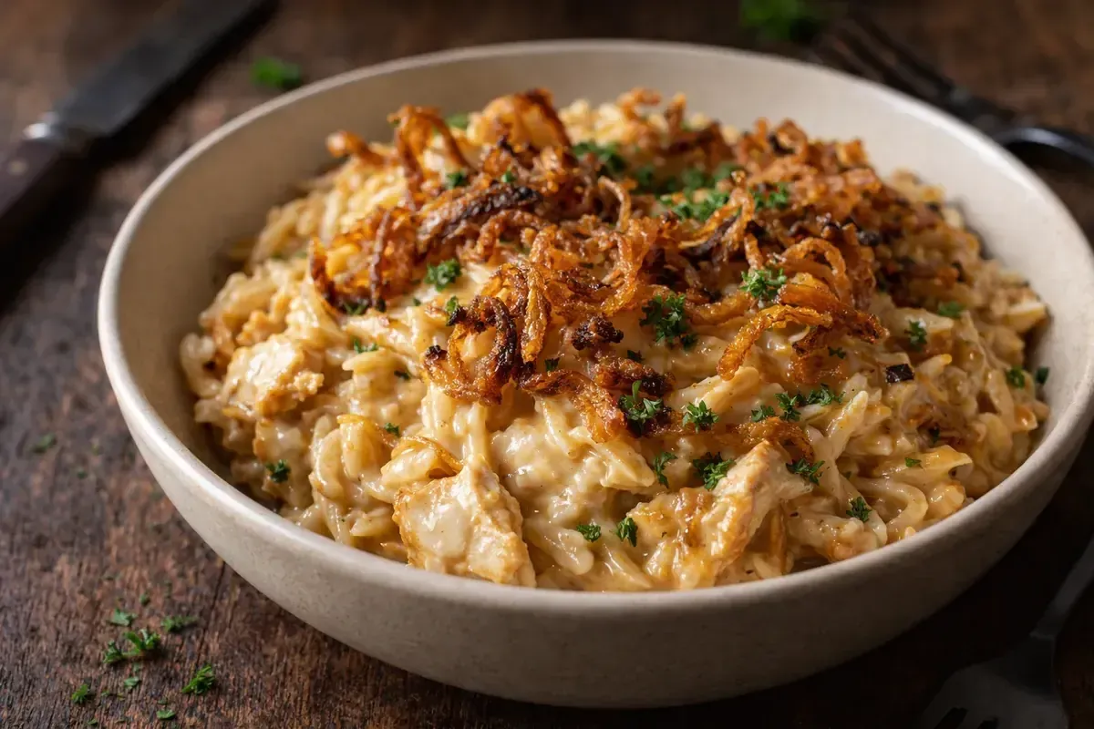 French Onion Chicken Orzo with a Cheesy Golden Crust