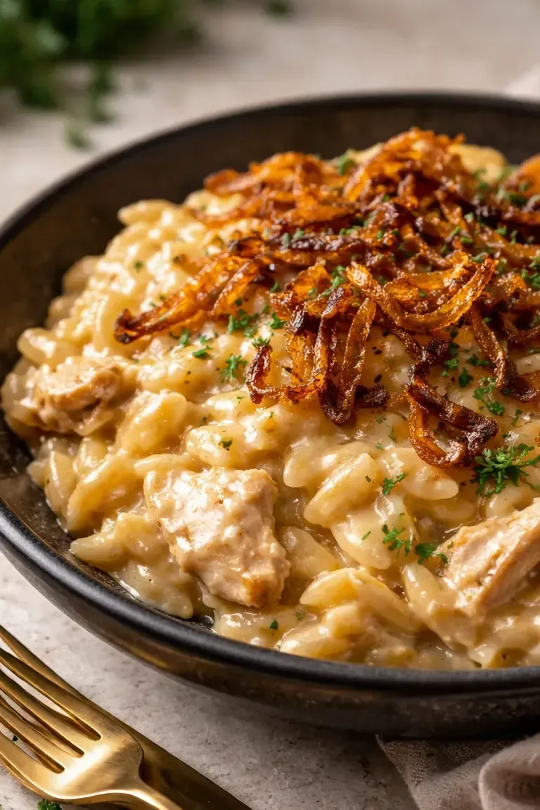 French Onion Chicken Orzo with a Cheesy Golden Crust