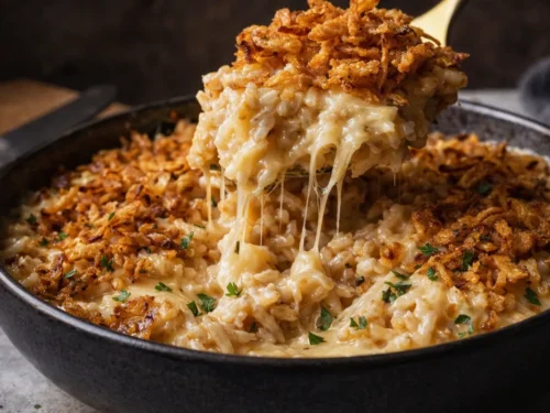 A 9x13 Baking Dish Filled With Creamy French Onion Chicken Rice Topped
